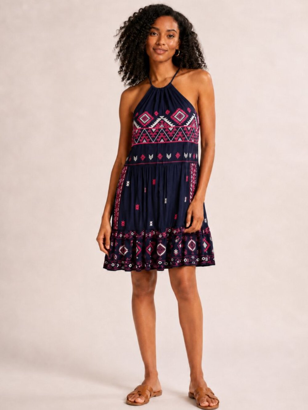Savanna Jane Aztec Print Tie Neck Midi Dress Navy Boho Ruffle Hem Sz Small